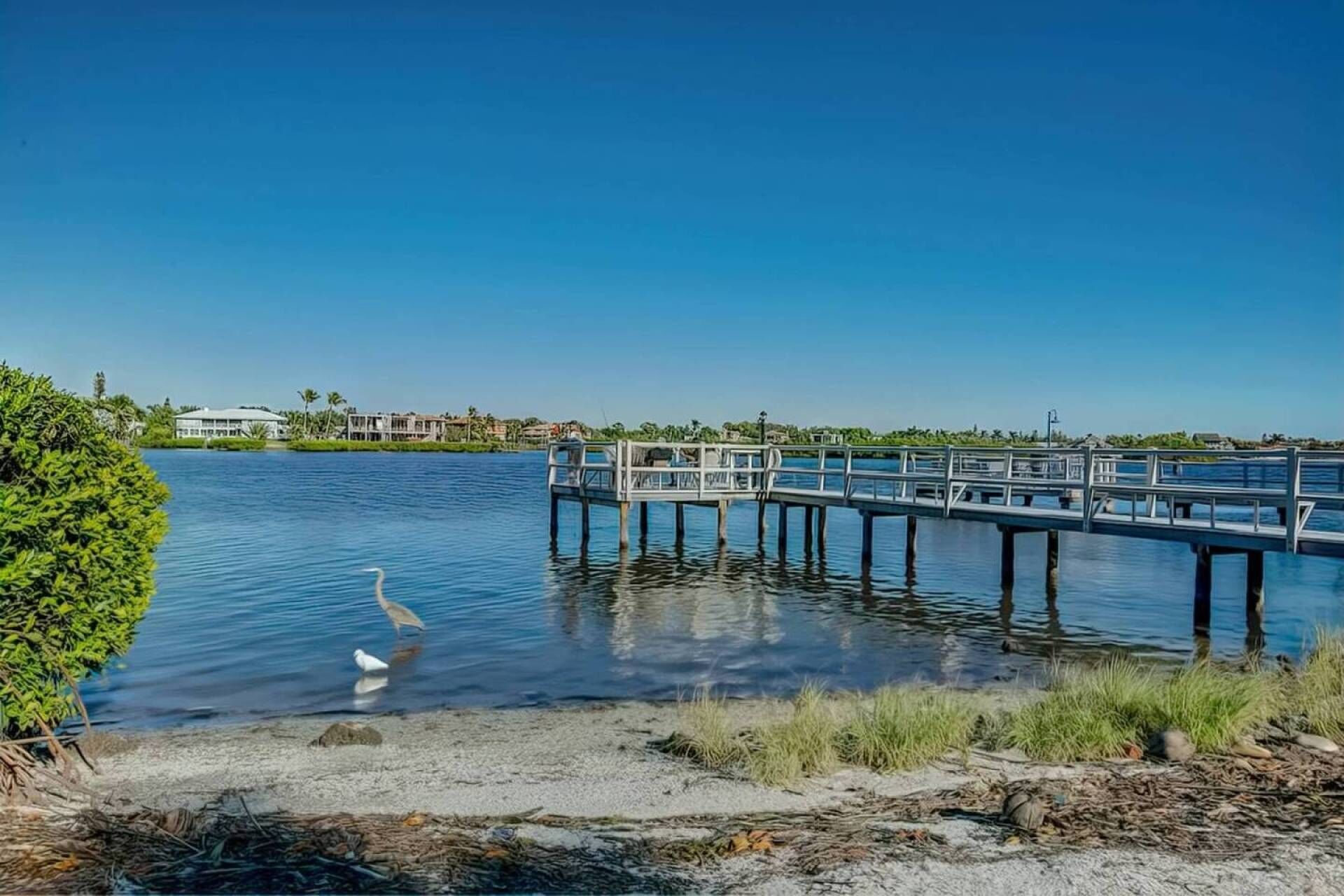 A waterfront property with a pier extending into a calm body of water, surrounded by greenery and a clear blue sky.