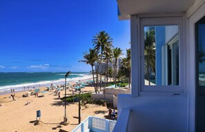On the beach, sun-loungers, beach towels