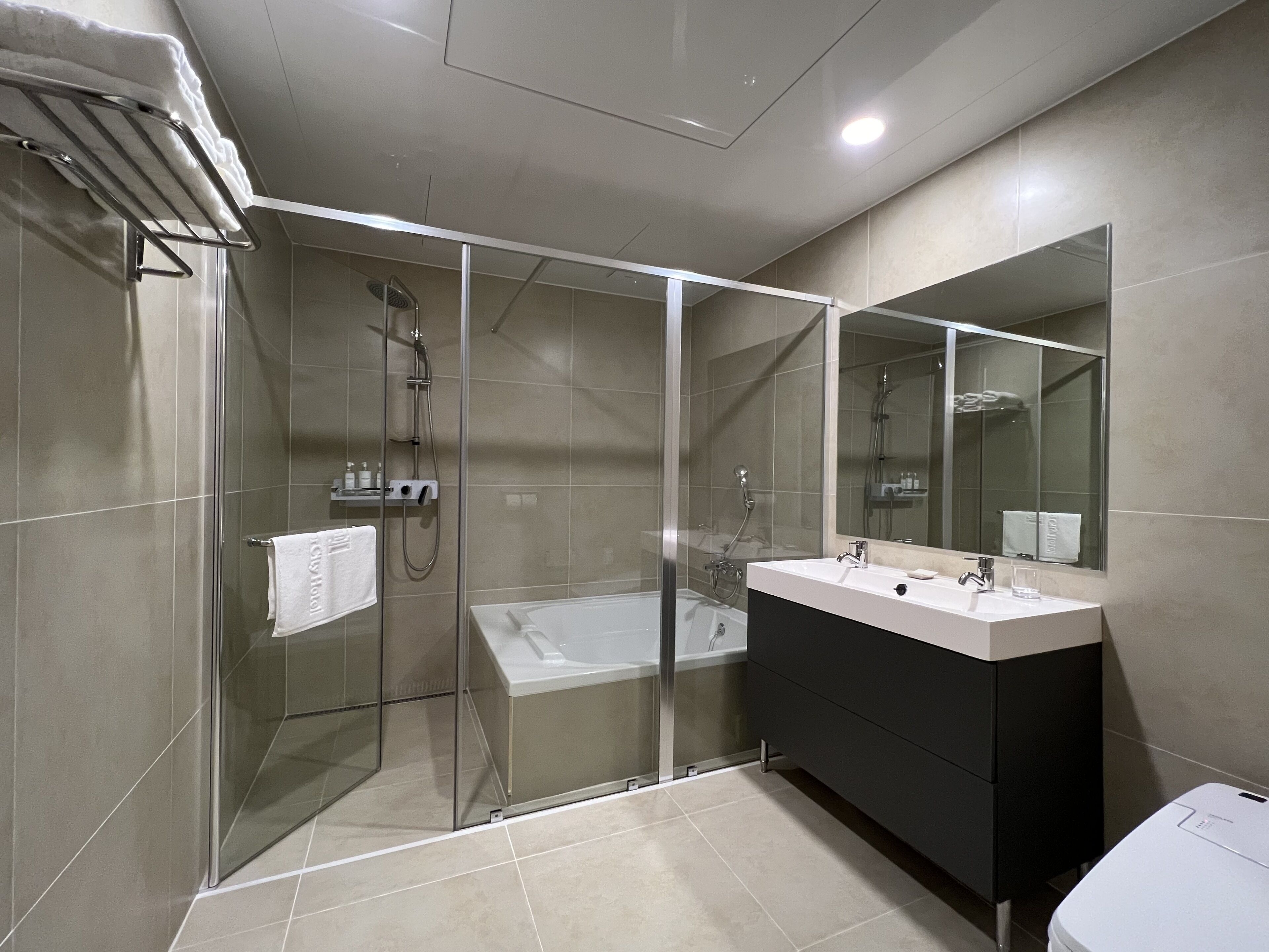 A modern bathroom with a glass-enclosed shower, a bathtub, and a vanity with a mirror.
