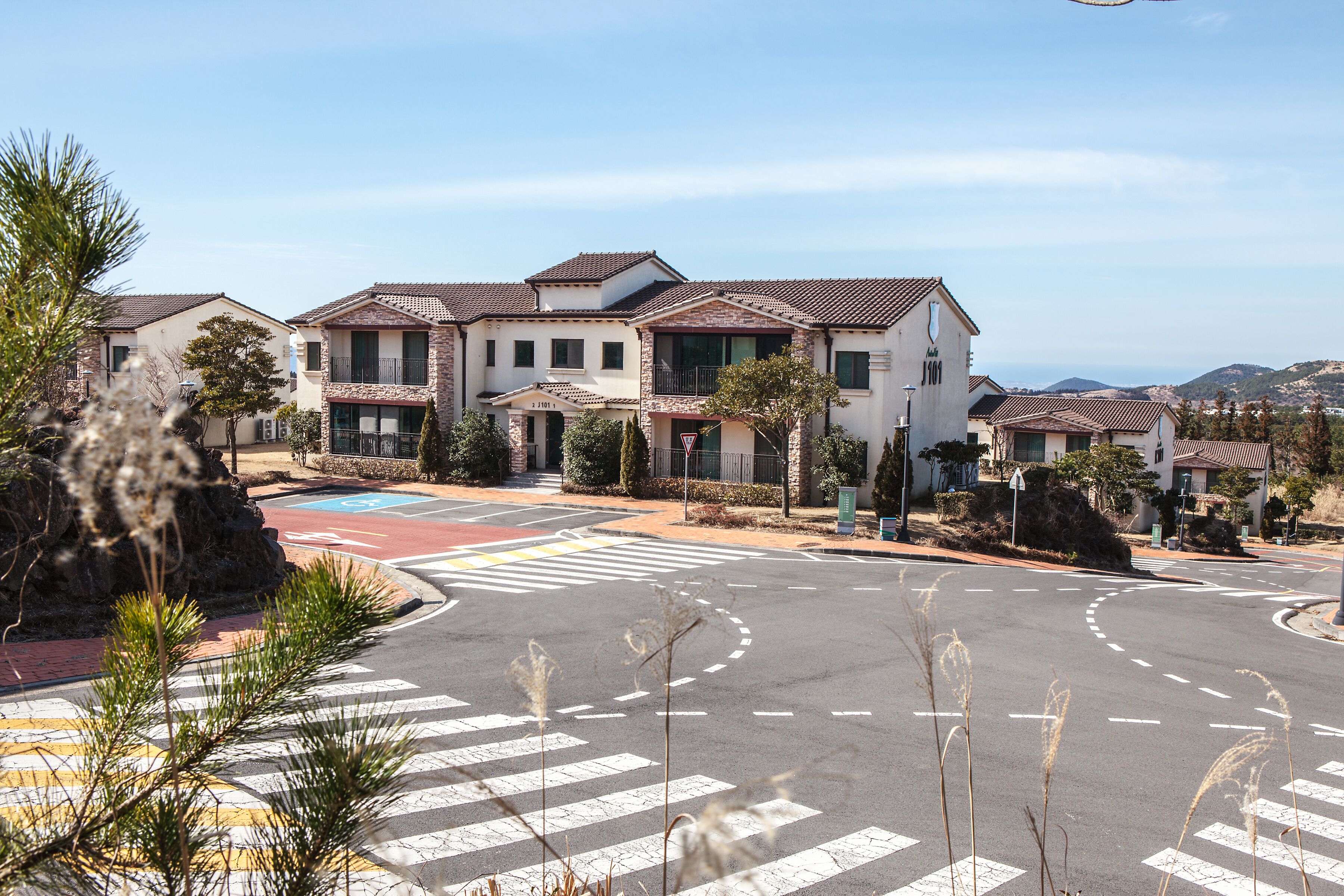 A residential area with houses, a pedestrian crossing, and a clear sky.