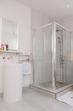 Regadera, secadora de cabello, toallas, papel de baño 