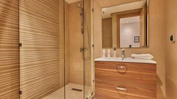 Shower, towels, soap, toilet paper