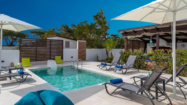 A swimming pool area with lounge chairs and umbrellas, surrounded by greenery and a wooden fence. - Evilion Villa (gennadi)