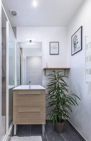 Bathroom features a light-colored vanity with a mirror and a single drawer, a potted plant, and a framed picture on the wall.