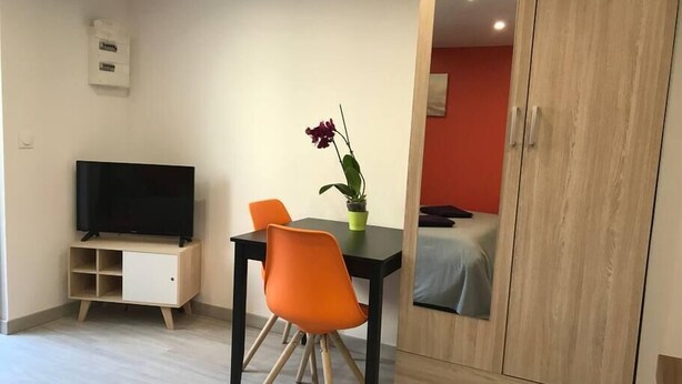 Ein kleiner, moderner Raum mit Fernseher, Esstisch mit zwei Stühlen, einer Topfpflanze und einem Kleiderschrank.