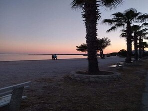 A beach with palm trees and a calm sea at sunset. - Apartment Barbara (Vir)