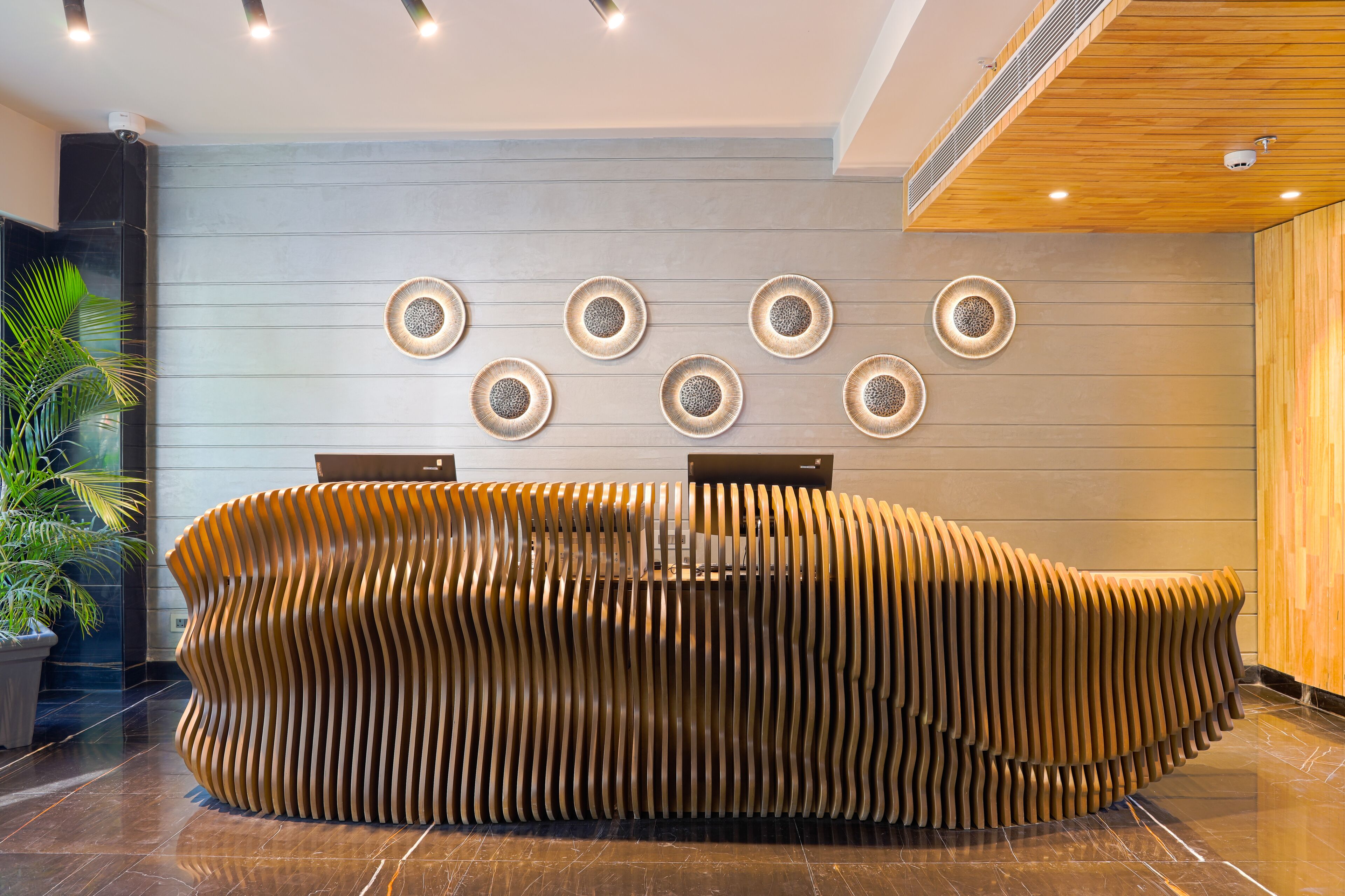 Un comptoir d'accueil au design ondulé original, une plante en pot et un mur orné d'éléments décoratifs circulaires.