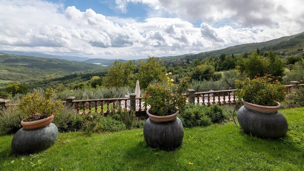 Un espace extérieur agréable, agrémenté d’une balustrade en pierre, de plantes en pot et offrant une vue sur des collines verdoyantes et un lac.