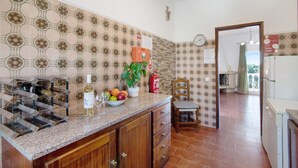 Une cuisine avec des carreaux décoratifs, un meuble à bouteilles, un panier de fruits et une plante en pot.
