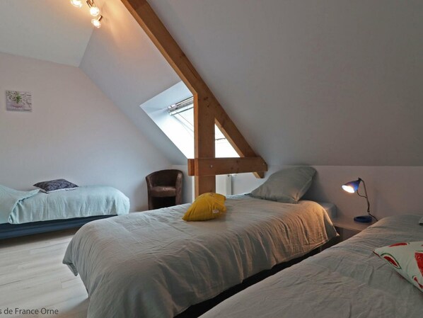 A dormitory room with two beds, a skylight, a desk with a lamp, and a chair.