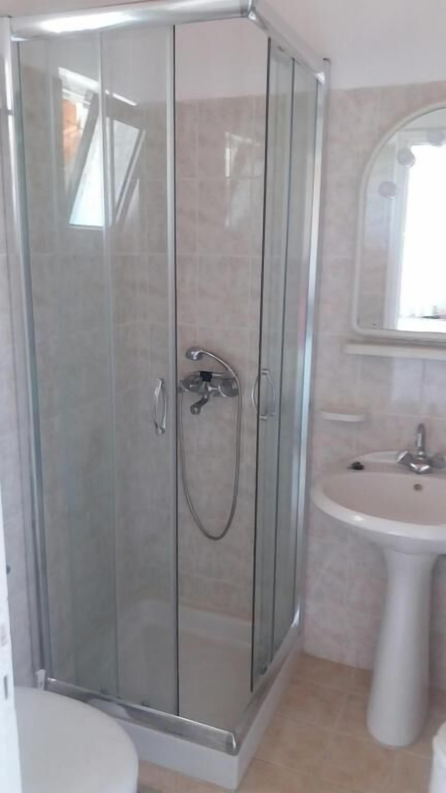 A glass-enclosed shower with a handheld showerhead, a white sink, and a mirror above the sink.