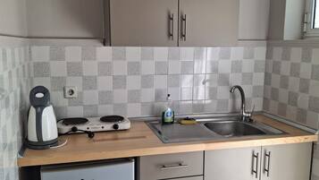 Mini-fridge, cookware/dishes/utensils, paper towels
