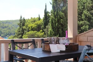 A terrace with a table set for dining, overlooking a forested landscape.