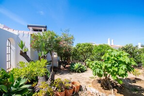 Escape to a serene garden oasis with lush greenery and vibrant flowers, surrounded by a charming vine-covered building.