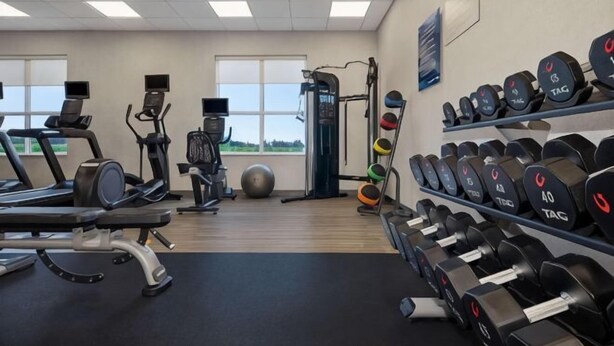 A gym with treadmills, elliptical machines, a weight bench, and a rack of dumbbells. - Hampton Inn by Hilton Port Hope Cobourg (Port Hope)