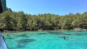 Mar turquesa cristalina con gente nadando, rodeada de un denso bosque verde.