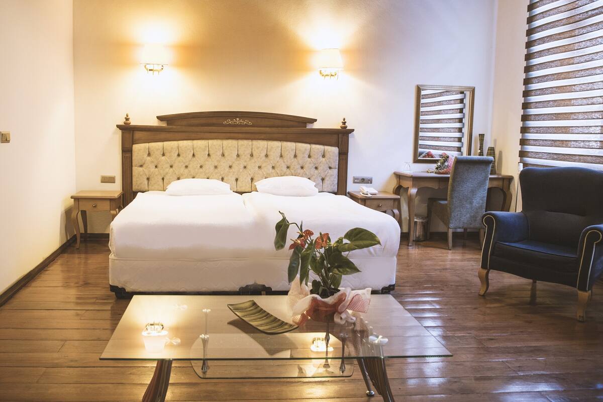 Habitació d'hotel amb llit, taula de nit, cadira, escriptori i una petita taula amb una planta.