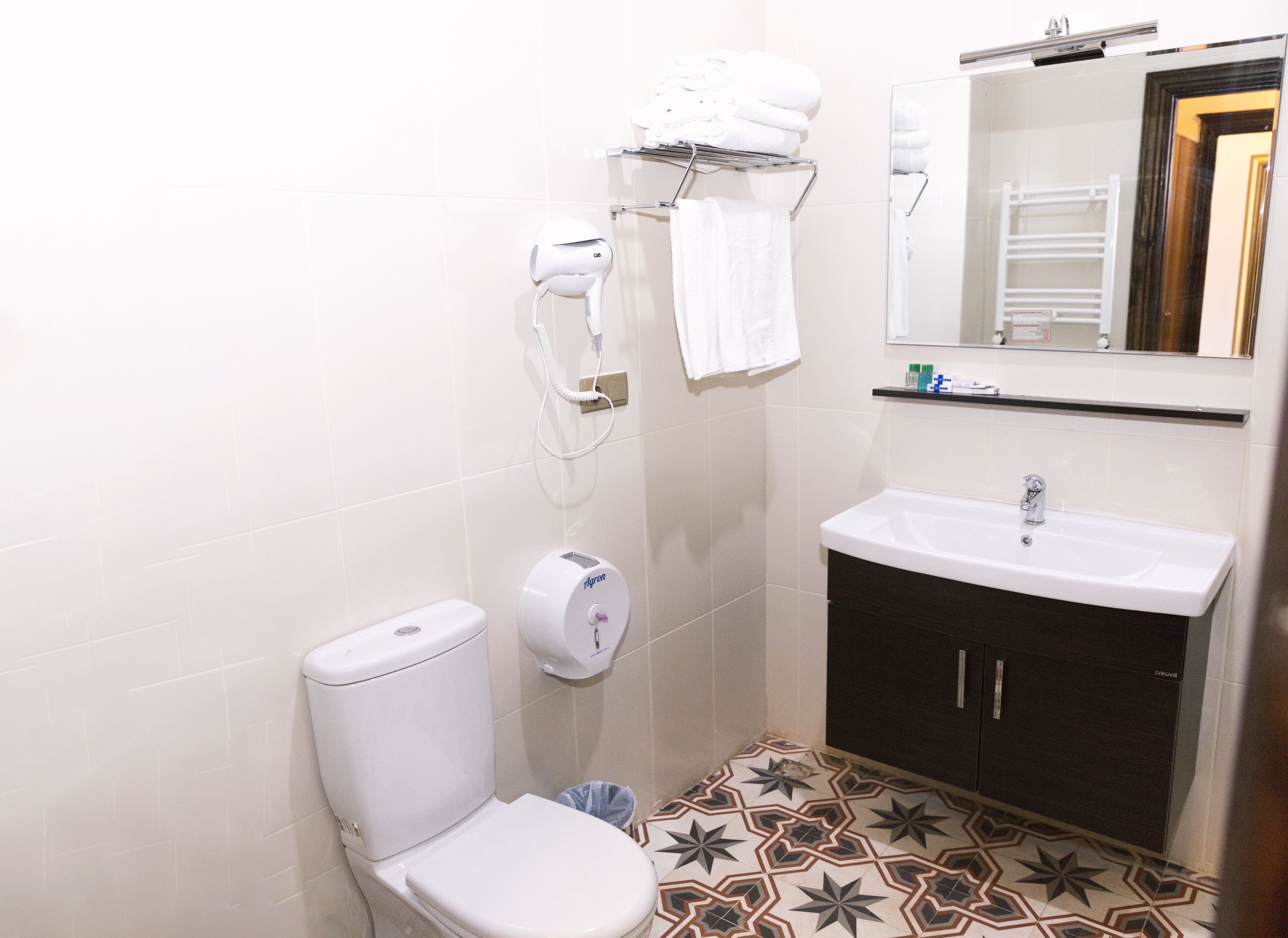 A small bathroom with a toilet, a sink, a towel rack, and a mirror.