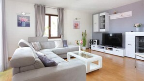 A modern living room with a grey sofa, a coffee table, a flat-screen TV, and a white cabinet. - Holiday Home Mons Aureus (Split)