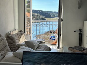 Smart TV, fireplace, books