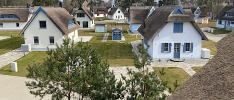 A cluster of traditional-style houses with thatched roofs, arranged in a small village setting.