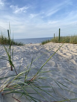 A sandy beach with a wire fence and tall grass in the foreground. - Thatched-roof vacation home on Usedom for 6 people, with a sauna, wood-burning stove, and wall-mounted charging station. (Zirchow)