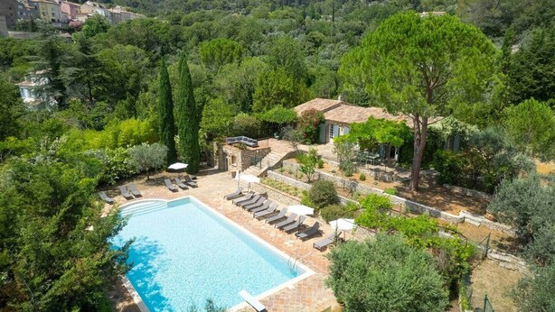 A swimming pool with lounge chairs, surrounded by greenery and stone pathways.