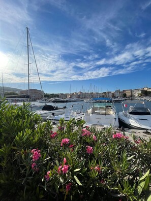 A marina with multiple boats docked, surrounded by buildings and greenery.