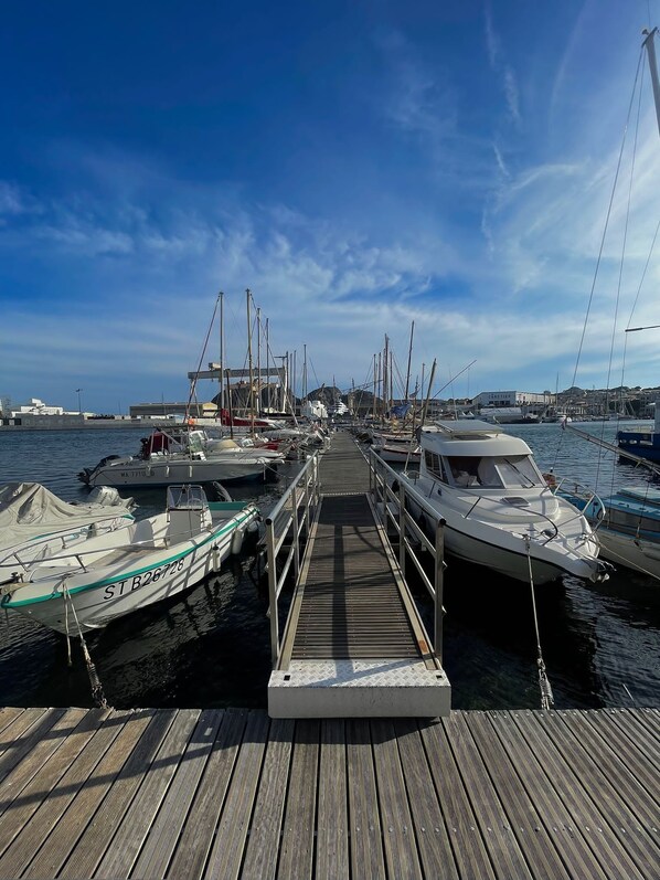 Une jetée en bois mène à une marina où plusieurs bateaux sont amarrés.