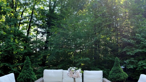 An outdoor seating area with wicker furniture and a glass table, surrounded by lush greenery. - Cheerful 3-bedroom cottage with woodstove (Sheffield)