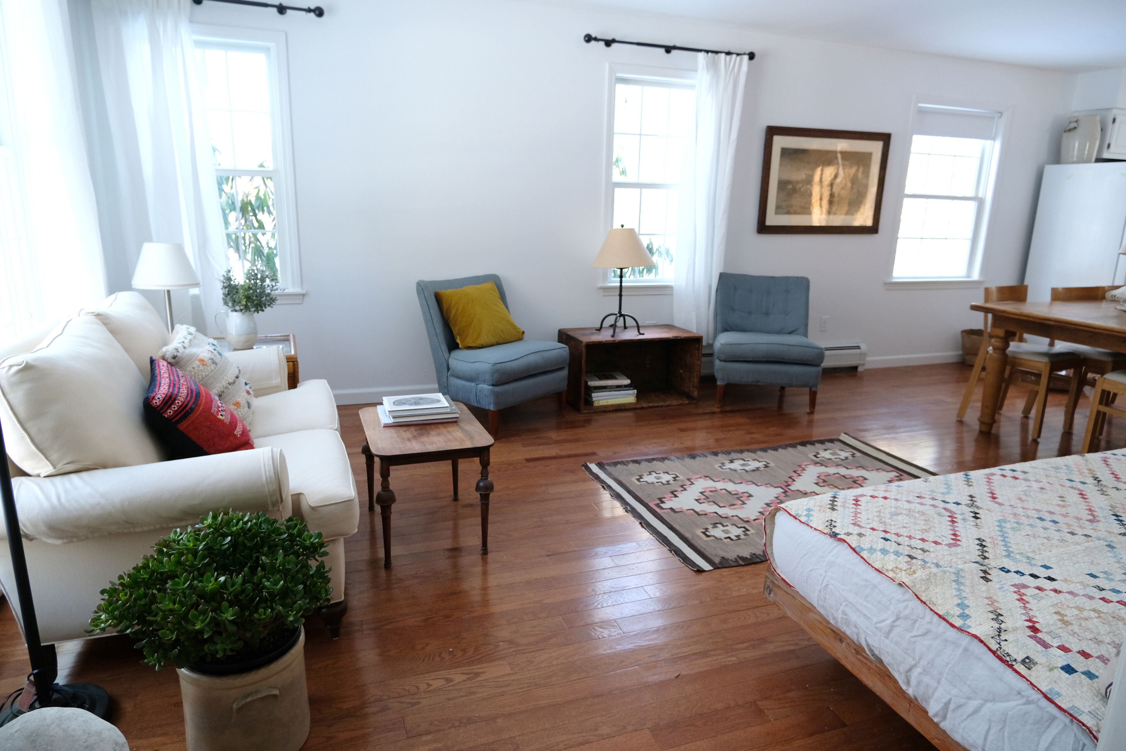 Smart TV, fireplace, books, computer monitors