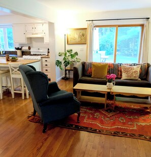 TV connectée, cheminée, livres, écrans d'ordinateur