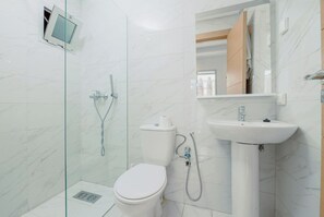 Douche, serviettes fournies, savon, shampoing