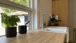 Een moderne keuken met een groot raam, een spoelbak en een plant in pot.