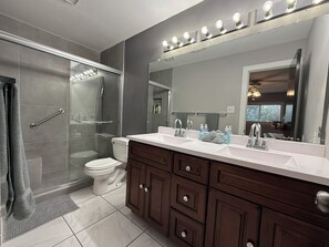 Hair dryer, towels, soap, toilet paper