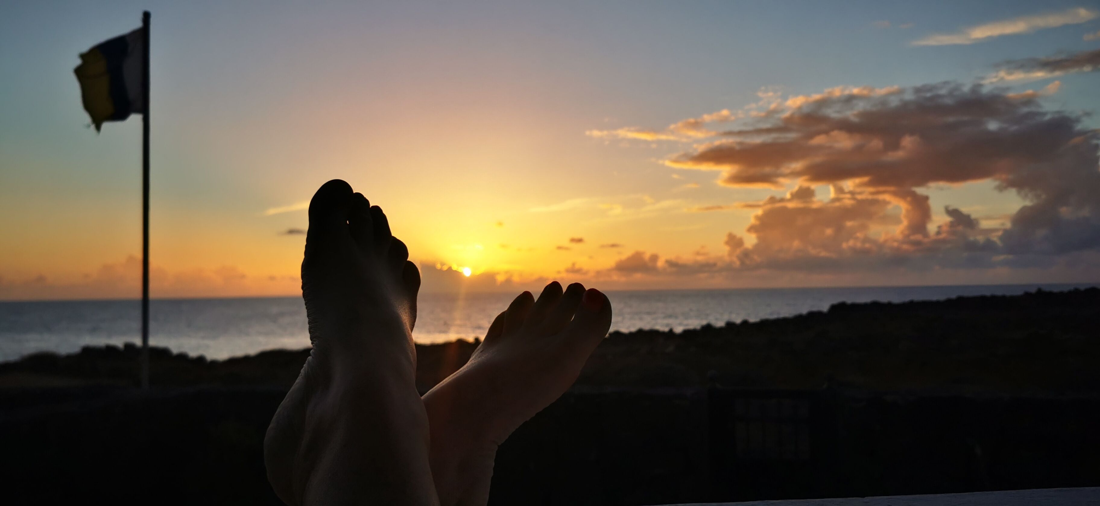 A sunset view with a flag on a pole, a beach, and the ocean.
