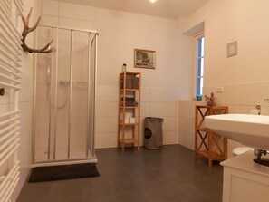 Regadera, toallas, jabón, papel de baño 