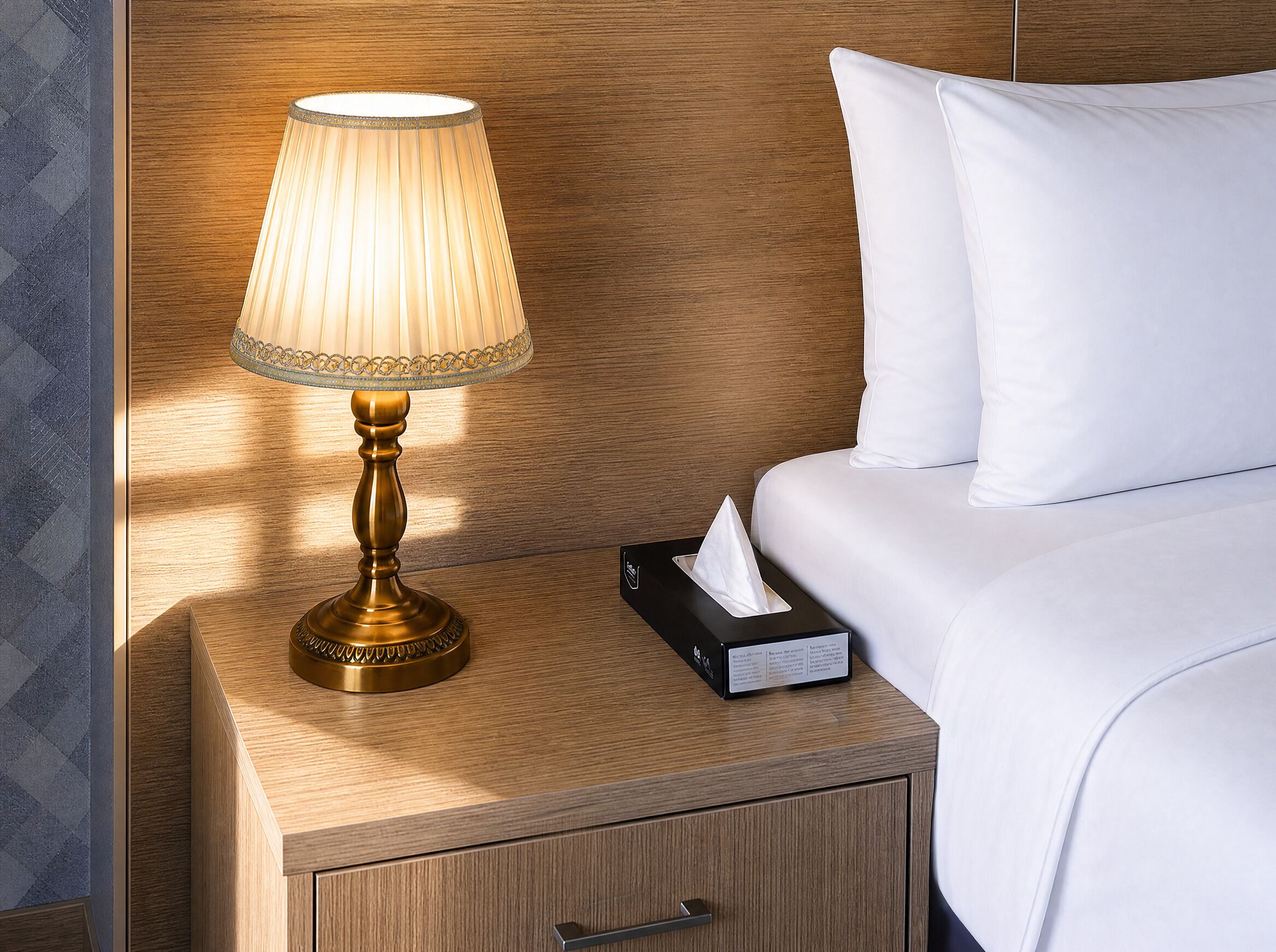 Una cama bien tendida con sábanas blancas, una lámpara de noche con pantalla decorativa y una caja de pañuelos en la mesita de noche.