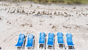 Una playa con seis sillas azules de playa dispuestas en fila.