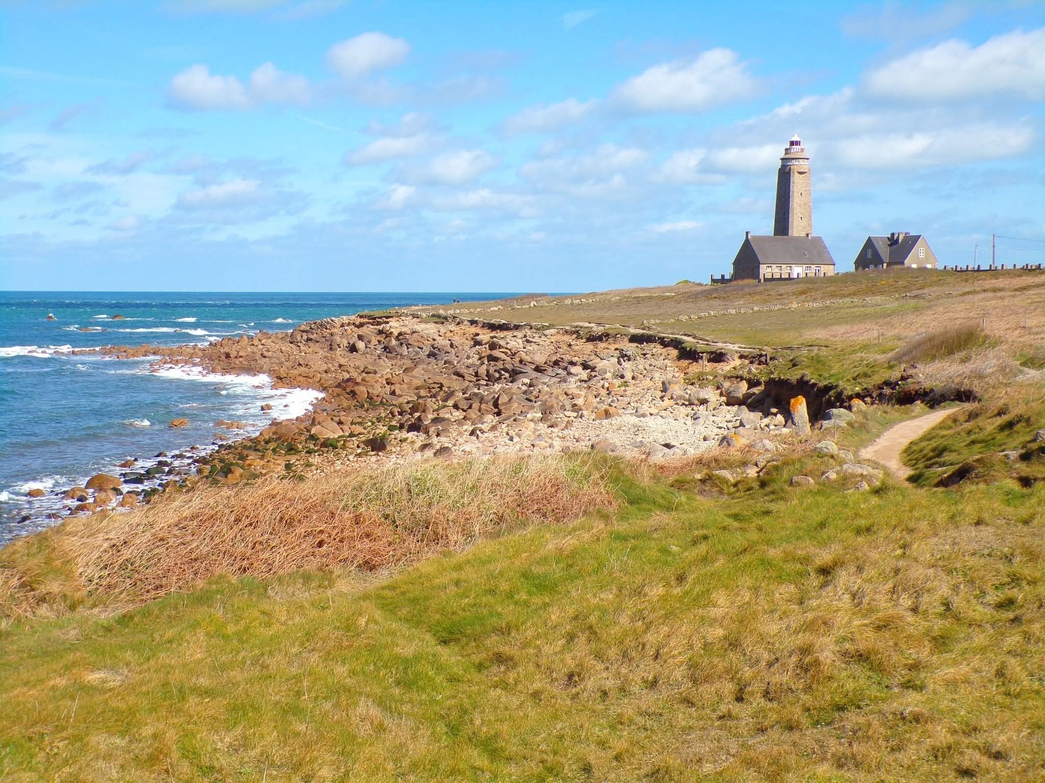 A coastal landscape with a lighthouse, rocky shoreline, grassy areas, and a clear sky.