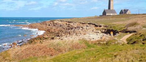 A coastal landscape with a lighthouse, rocky shoreline, grassy areas, and a clear sky.