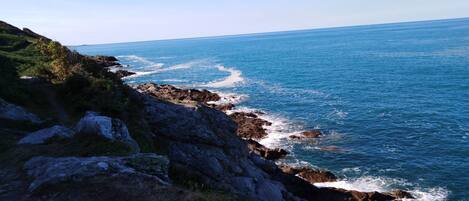 A coastal landscape with rocky terrain and the ocean.
