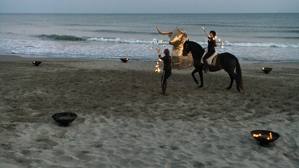 A beach with a bull statue and a person riding a horse. - Apartment T2 air-conditioned - Beach - Downtown (Saintes-Maries-de-la-Mer)