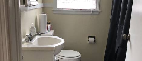 Badkar/dusch, handdukar, tvål och toalettpapper