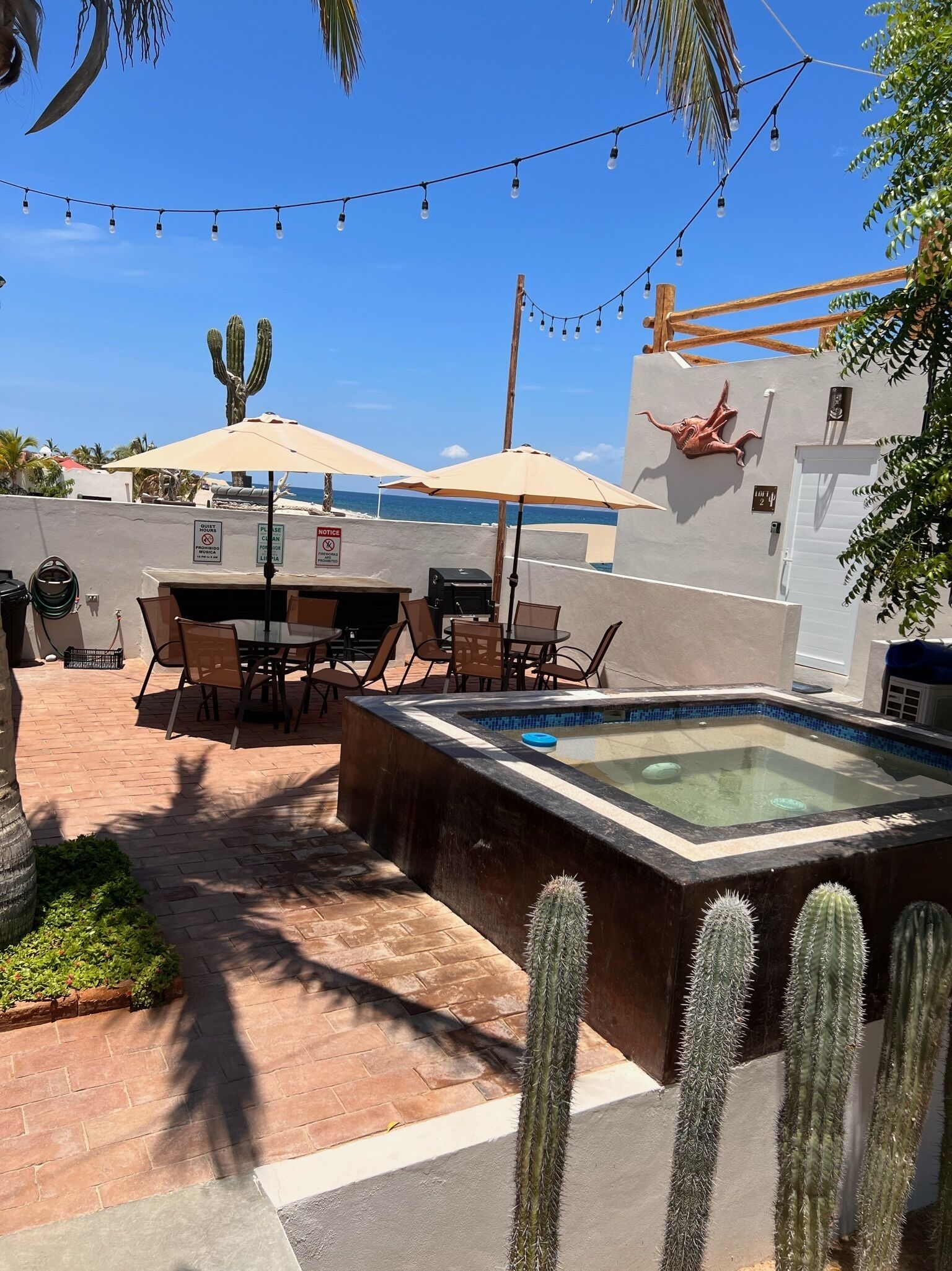 Une terrasse extérieure avec une piscine, des cactus, des guirlandes lumineuses et du mobilier d’extérieur.