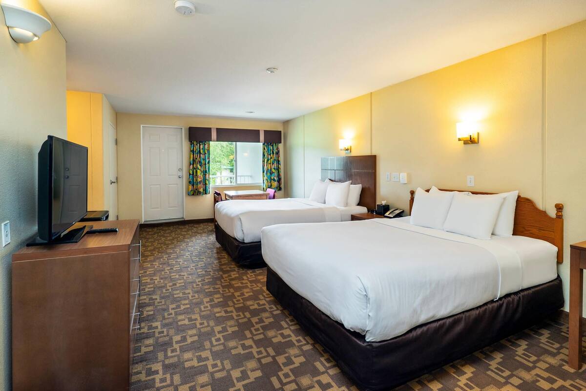 Une chambre d’hôtel avec deux lits, une télévision, un bureau et une fenêtre avec des rideaux.
