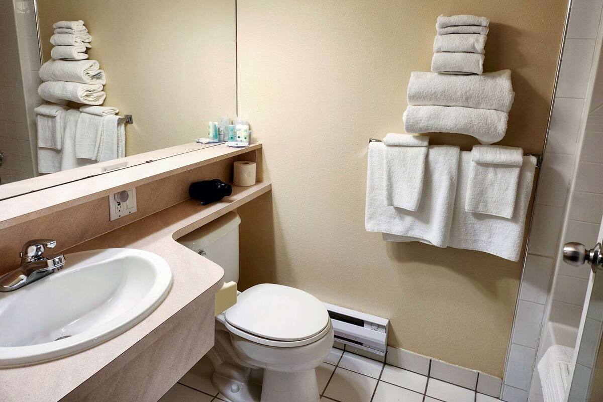 Une salle de bain équipée d’un lavabo, de toilettes et d’un porte-serviettes.