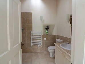 Bañera con ducha, secador de pelo, toallas, jabón