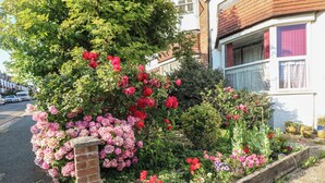 Jardín residencial con diversas plantas florecientes y un muro de ladrillo.