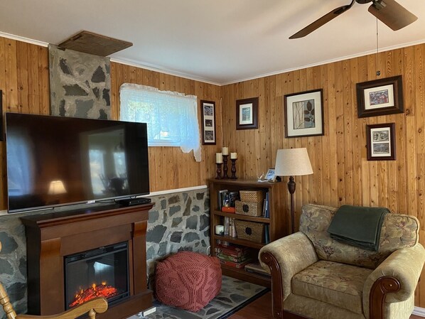 A living room with a fireplace, a television, a sofa, and a bookshelf.